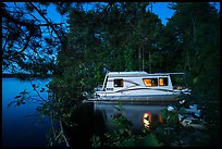 Houseboat at night, Houseboat Island, Sand Point Lake. Voyageurs National Park, Minnesota, USA.