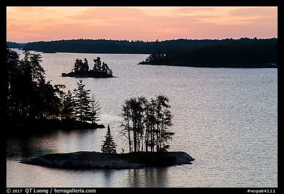 North Woods islets from above, Anderson Bay, sunrise. Voyageurs National Park, Minnesota, USA.