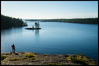 Visitor looking, Anderson Bay and Rainy Lake. Voyageurs National Park, Minnesota, USA.