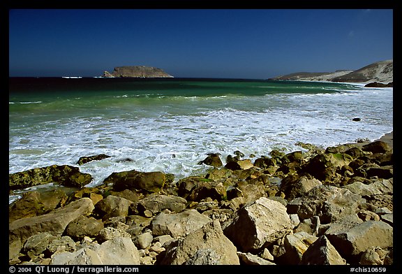 Surf foam and rocks, Cuyler Harbor, mid-day, San Miguel Island. Channel Islands National Park (color)