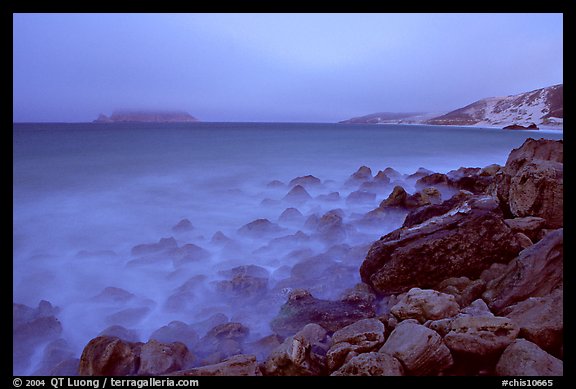Prince Island and Cuyler Harbor with fog, dusk, San Miguel Island. Channel Islands National Park (color)