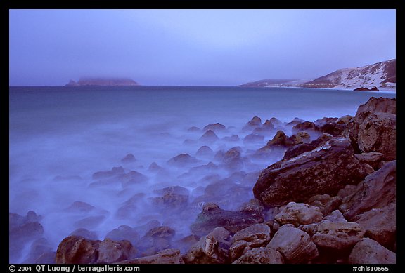 Prince Island and Cuyler Harbor with fog, dusk, San Miguel Island. Channel Islands National Park, California, USA.