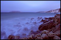 Prince Island and Cuyler Harbor with fog, dusk, San Miguel Island. Channel Islands National Park, California, USA.