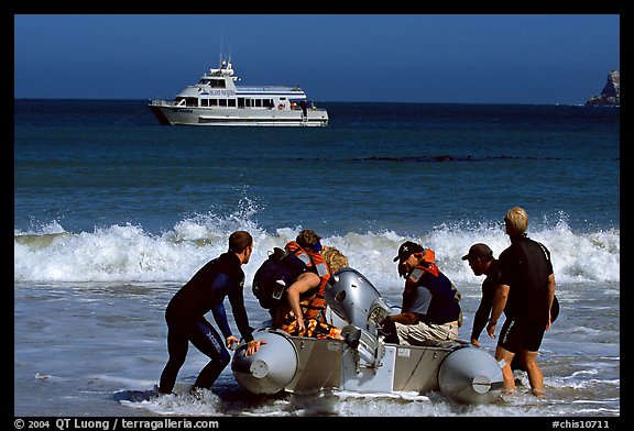 Skiff readied for crossing  surf, Cuyler harbor, San Miguel Island. Channel Islands National Park, California, USA.