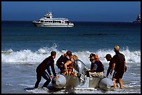 Skiff readied for crossing  surf, Cuyler harbor, San Miguel Island. Channel Islands National Park, California, USA.