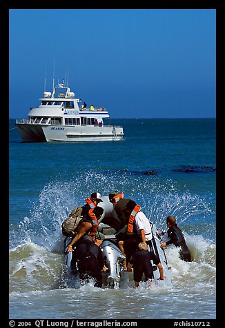 Skiff crossing  surf to join tour boat, Cuyler harbor, San Miguel Island. Channel Islands National Park (color)