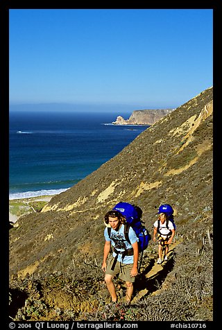 Backpackers in Nidever canyon , San Miguel Island. Channel Islands National Park, California, USA.