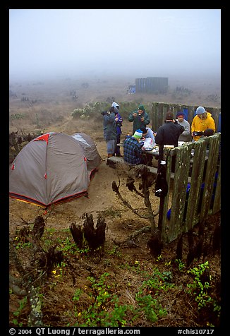 Campers in fog, San Miguel Island. Channel Islands National Park, California, USA.