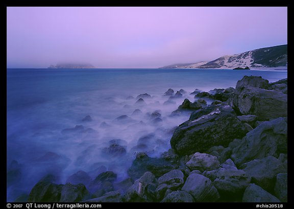 Prince Island and Cuyler Harbor with fog, dusk, San Miguel Island. Channel Islands National Park (color)