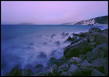 Prince Island and Cuyler Harbor with fog, dusk, San Miguel Island. Channel Islands National Park, California, USA.