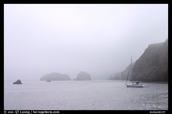 Yacht moored in Scorpion Anchorage in  fog, Santa Cruz Island. Channel Islands National Park, California, USA.