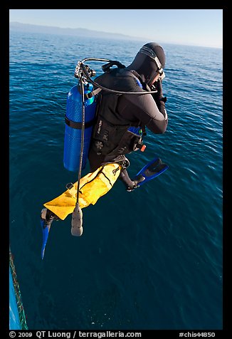 Scuba diver jumping from boat. Channel Islands National Park, California, USA.