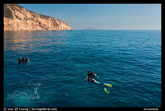Scuba divers on ocean surface, Santa Cruz Island. Channel Islands National Park, California, USA.