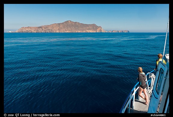 Woman on boat cruising towards Annacapa Island. Channel Islands National Park, California, USA.