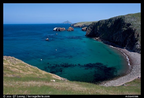 Aquamarine waters and kelp in bay, Scorpion Anchorage, Santa Cruz Island. Channel Islands National Park (color)