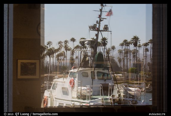 National Park Service boat, visitor center window reflexion. Channel Islands National Park (color)