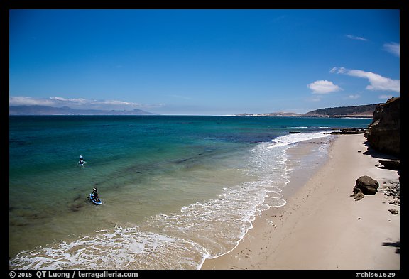 Paddle boarders leaving beach, Santa Rosa Island. Channel Islands National Park (color)