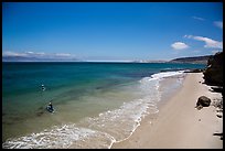 Paddle boarders leaving beach, Santa Rosa Island. Channel Islands National Park ( color)