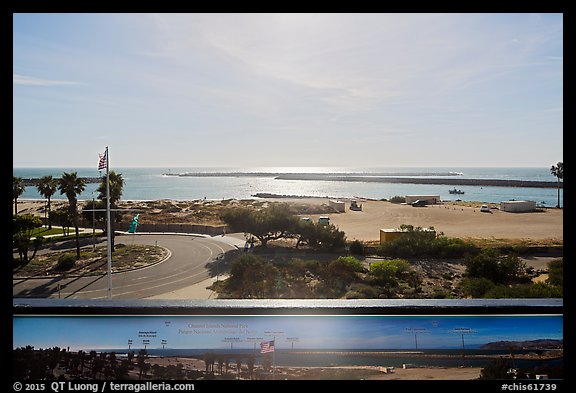 Distant view of the islands from harbor interpretive sign, visitor center. Channel Islands National Park, California, USA.