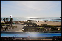 Distant view of the islands from harbor interpretive sign, visitor center. Channel Islands National Park, California, USA.