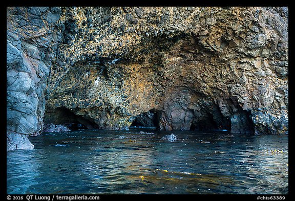 Multiple sea caves entrances, Santa Cruz Island. Channel Islands National Park (color)