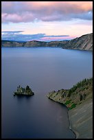Phantom Ship and Chaski Bay at sunset. Crater Lake National Park, Oregon, USA.