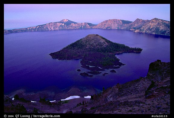 Wizard Island and Lake at dusk. Crater Lake National Park, Oregon, USA.