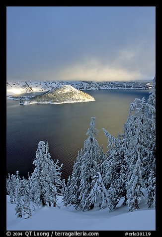 Lake and Wizard Island, winter sunrise. Crater Lake National Park, Oregon, USA.