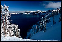 Snow-covered trees and dark lake waters. Crater Lake National Park, Oregon, USA.