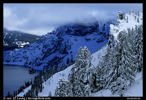 Trees and cliffs in winter. Crater Lake National Park (color)