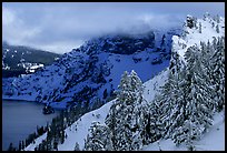 Trees and cliffs in winter. Crater Lake National Park, Oregon, USA.