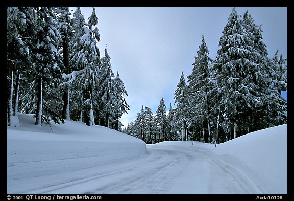 Snow-covered road. Crater Lake National Park, Oregon, USA.