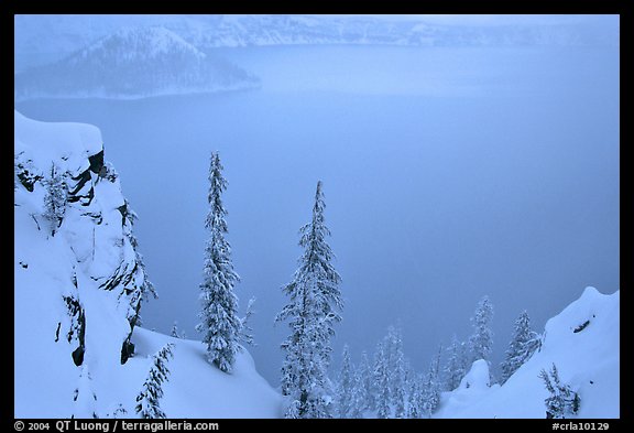 Trees and mistly lake in winter. Crater Lake National Park, Oregon, USA.