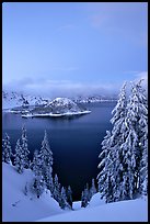 Wizard Island and Lake at dusk, framed by snow-covered trees. Crater Lake National Park, Oregon, USA.