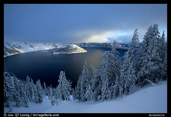 Trees, Lake and Wizard Island, cloudy winter sunrise. Crater Lake National Park, Oregon, USA.