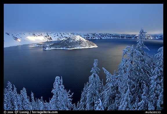 Trees, Lake and Wizard Island, winter sunrise. Crater Lake National Park, Oregon, USA.