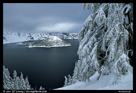 Trees and Wizard Island in winter with clouds and dark waters. Crater Lake National Park, Oregon, USA.