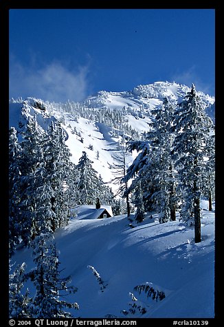 Cabin in winter with trees and mountain. Crater Lake National Park, Oregon, USA.