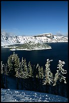 Trees, Wizard Island, and Lake in winter, afternoon. Crater Lake National Park, Oregon, USA. (color)