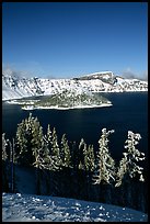 Trees, Wizard Island, and Lake in winter, afternoon. Crater Lake National Park, Oregon, USA.