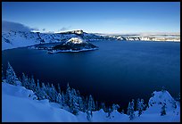 Wizard Island and lake in late afternoon shade, winter. Crater Lake National Park ( color)