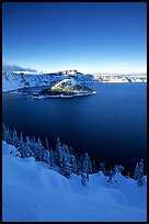 Wizard Island and lake in winter, late afternoon. Crater Lake National Park, Oregon, USA. (color)