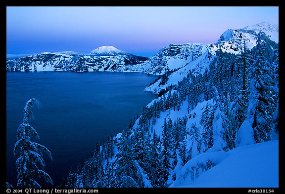 Lake, Mt Garfield, Mt Scott, winter dusk. Crater Lake National Park, Oregon, USA.