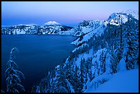 Lake, Mt Garfield, Mt Scott, winter dusk. Crater Lake National Park, Oregon, USA.