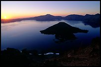 Lake and wizard island from  Watchman at sunrise. Crater Lake National Park, Oregon, USA.