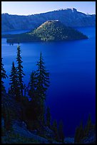 Conifer trees, Lake and Wizard Island. Crater Lake National Park, Oregon, USA. (color)