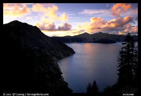 Clouds and lake from Sun Notch, sunset. Crater Lake National Park, Oregon, USA.