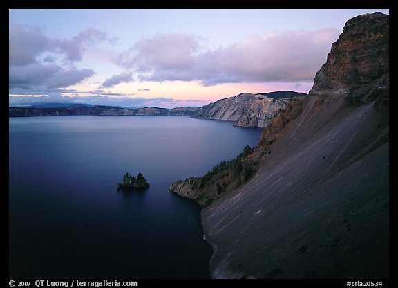 Caldera slopes and Phantom ship at dusk. Crater Lake National Park (color)