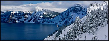 Fresh snow on lake rim. Crater Lake National Park (Panoramic color)