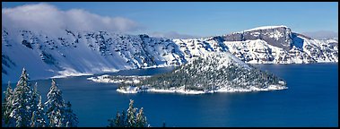 Wizard Island in winter. Crater Lake National Park (Panoramic color)